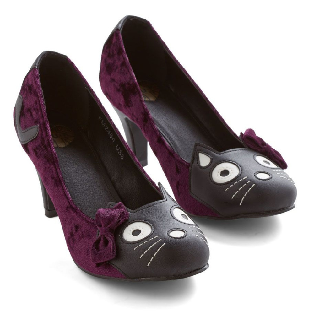 TUK Purple Velvet Kitty Cat Face Heels A8815L New